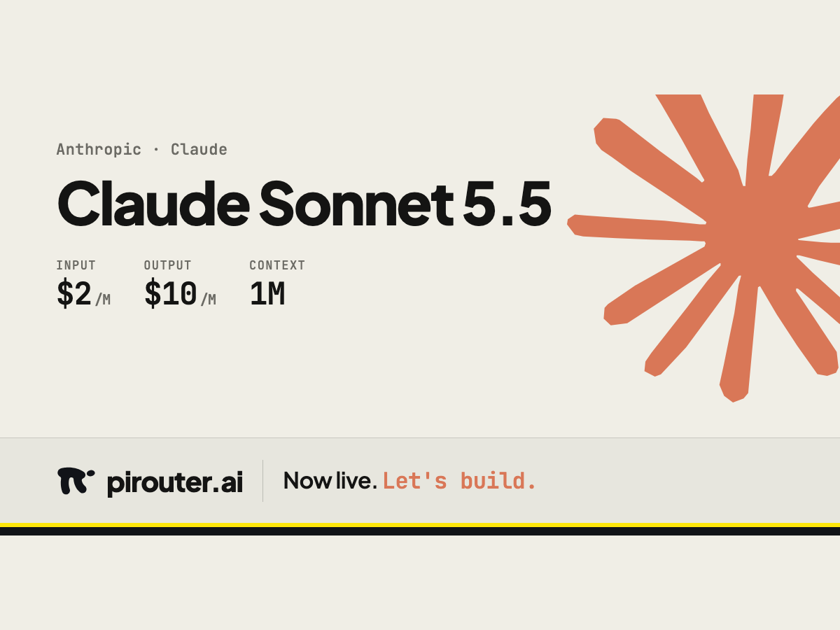 Unmodified Claude Sonnet 5.5 pirouter model card centered on a warm cream background, showing standard input and output rates, 1M context, and the complete footer.