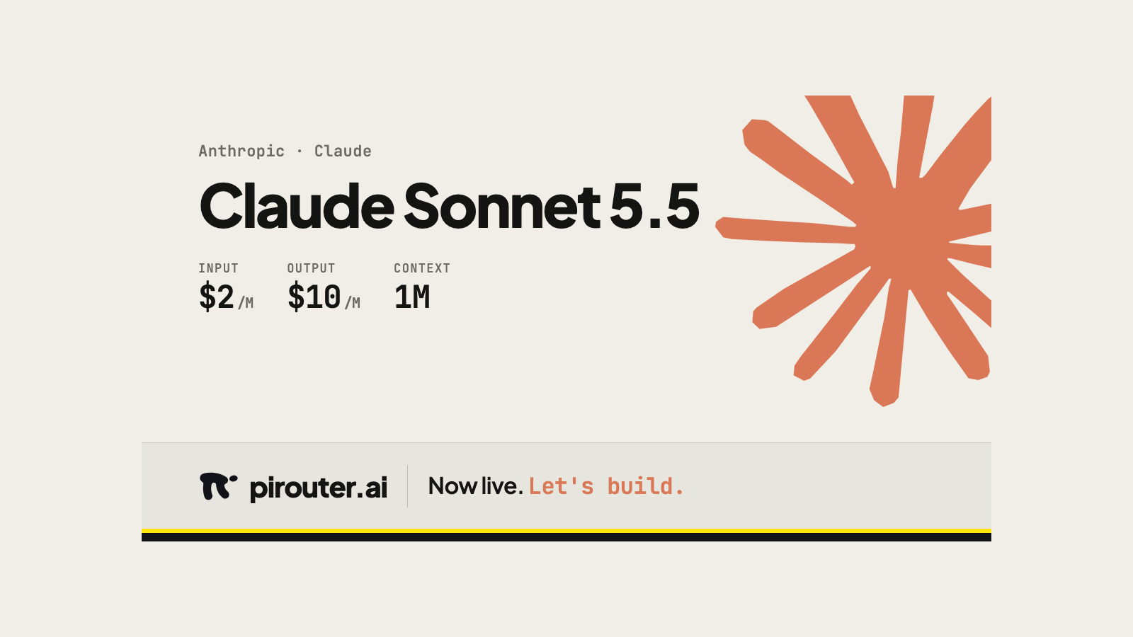 Unmodified Claude Sonnet 5.5 pirouter model card centered on a warm cream background, showing standard input and output rates, 1M context, and the complete footer.