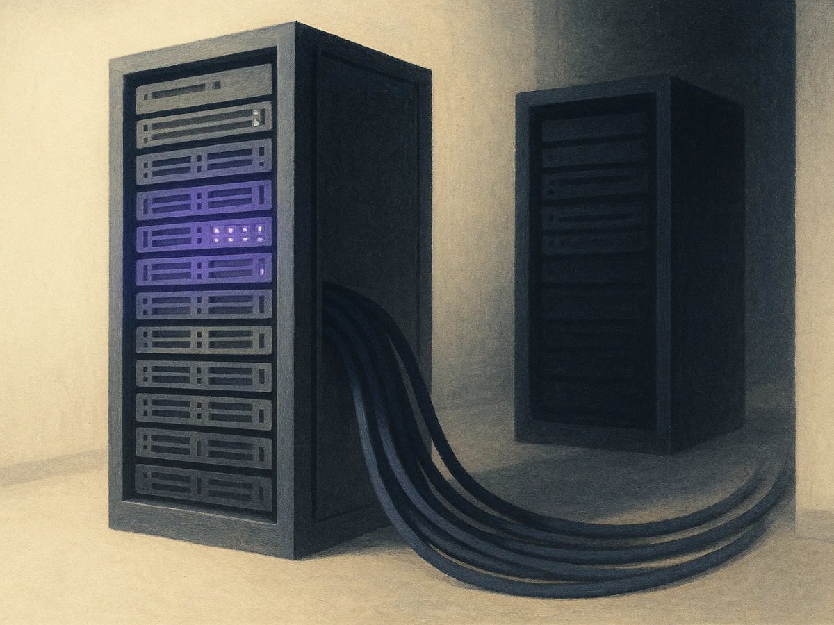 The source post-mortem's cover art: server racks trading cables in the dark (The Daily Brief)