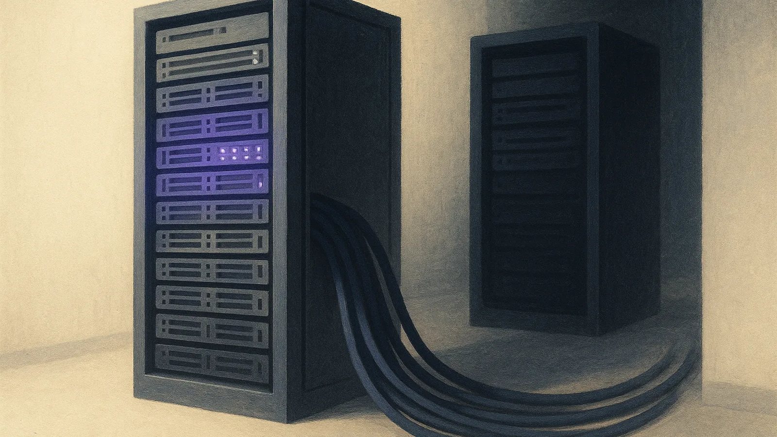 The source post-mortem's cover art: server racks trading cables in the dark (The Daily Brief)