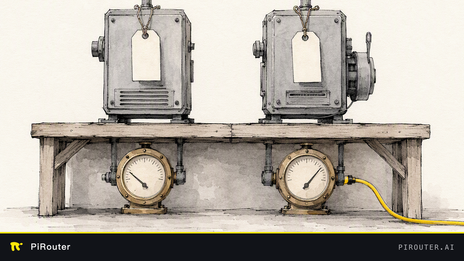 Two identical grey machines on a workbench, each hung with a blank price tag; the brass utility meters beneath them read very differently, and a single yellow line feeds only the higher one.