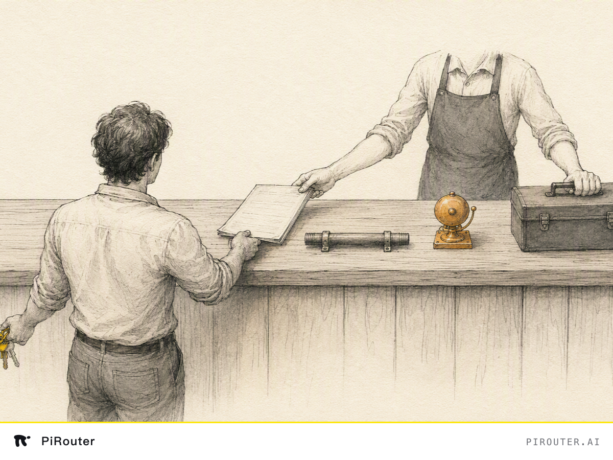 Hand-drawn ink illustration: a wooden counter with a person on each side and five objects along it, each caught at a different point of being handed over — a ring of yellow keys still held on the near side, a folded contract half-slid across with a corner in each hand, a sealed conduit resting exactly on the centre line, a brass alarm bell already on the far side, and a toolbox under the far person's hand.