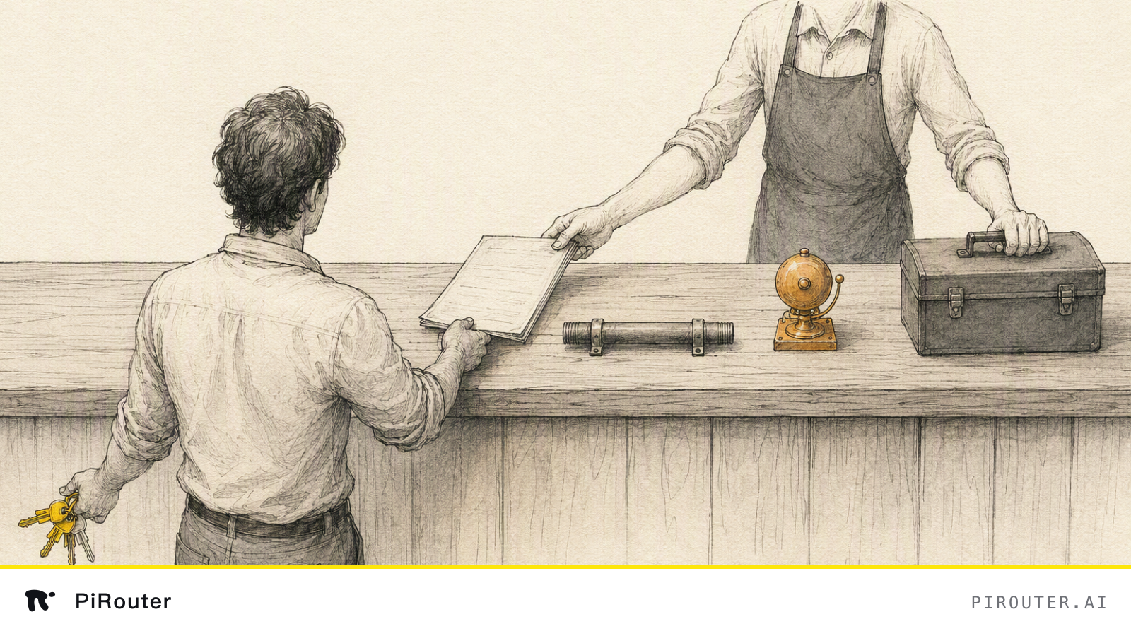 Hand-drawn ink illustration: a wooden counter with a person on each side and five objects along it, each caught at a different point of being handed over — a ring of yellow keys still held on the near side, a folded contract half-slid across with a corner in each hand, a sealed conduit resting exactly on the centre line, a brass alarm bell already on the far side, and a toolbox under the far person's hand.