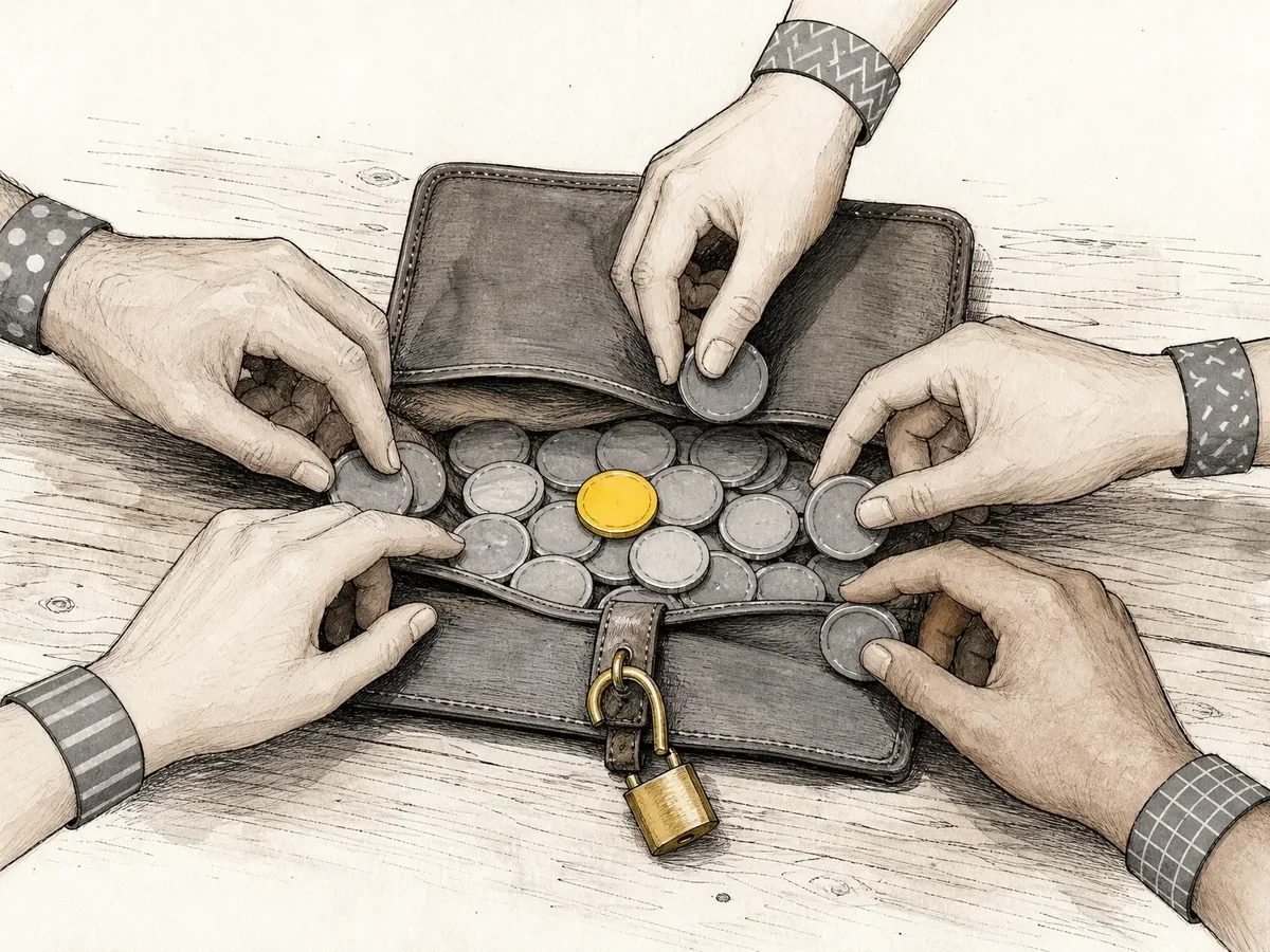 Hand-drawn illustration: one open team wallet on a wooden workbench with five hands reaching in at once, a single yellow coin among grey tokens, and a brass padlock hanging unlatched from the clasp