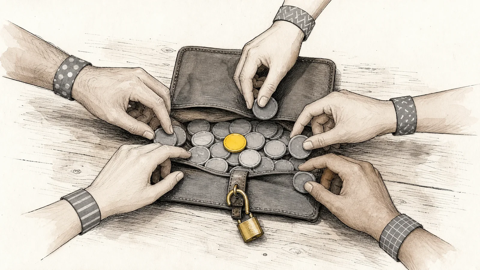 Hand-drawn illustration: one open team wallet on a wooden workbench with five hands reaching in at once, a single yellow coin among grey tokens, and a brass padlock hanging unlatched from the clasp