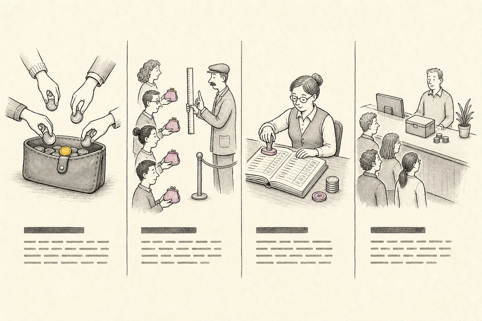 Four ways a team pays for LLM APIs, drawn as four vignettes: hands sharing one wallet; people holding their own purses queued at a gatekeeper with a ruler; a clerk stamping each ledger entry with a fee coin; one office paying at a single vendor's counter